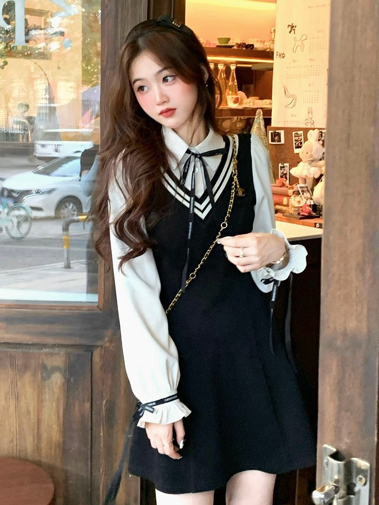 Black Fake Two Piece Polo Collar Dress with Bow - Qchiwawameme