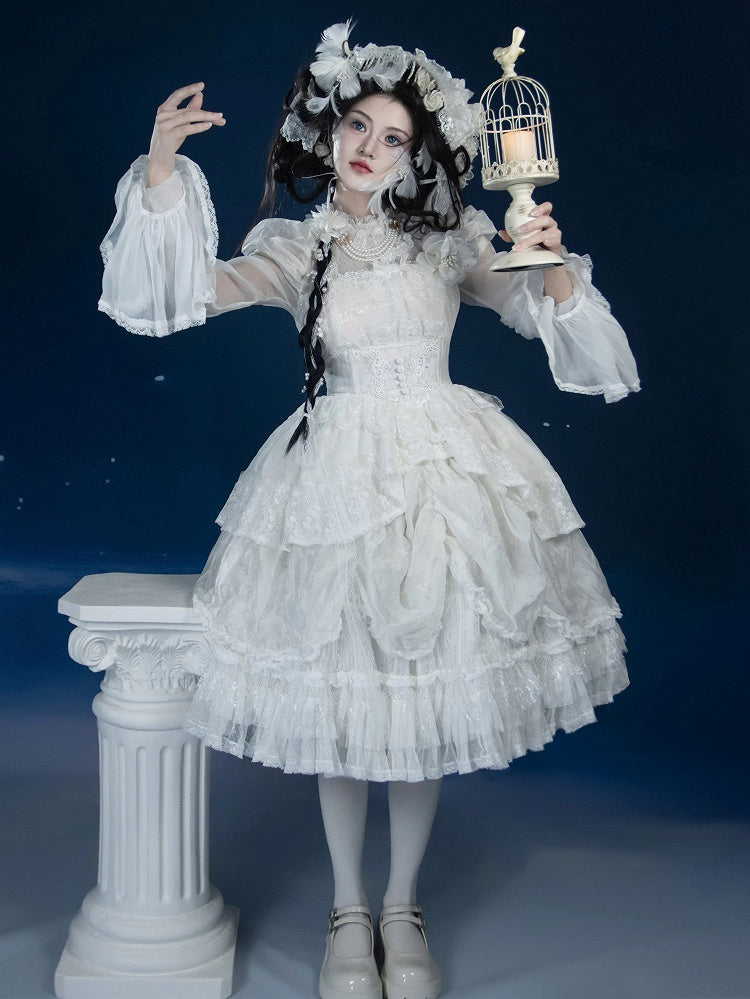 White Basque Waist Shiro Dress Drawstring Skirt Hanayome Lolita Long Sleeves One Piece