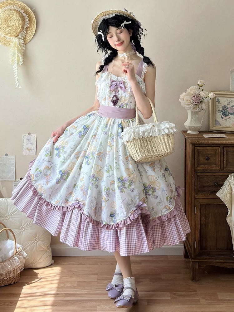 Lila Saum und Lolita Creme Print Ice Gingham Kleid Blaubeere