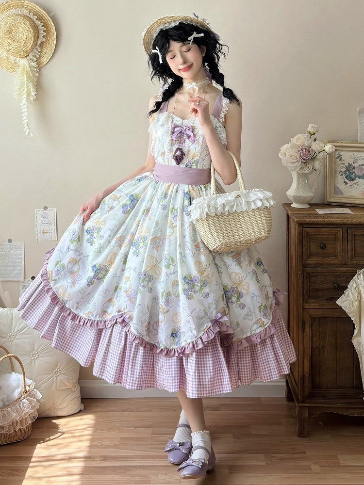 Gingham-Kleid mit Blaubeer-Lolita-Print und Eiscreme-Lila