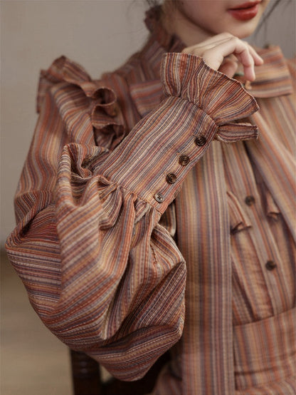 Reddish Brown Striped Pattern Vintage  Bishop Sleeves Ruffle Trim Blouse