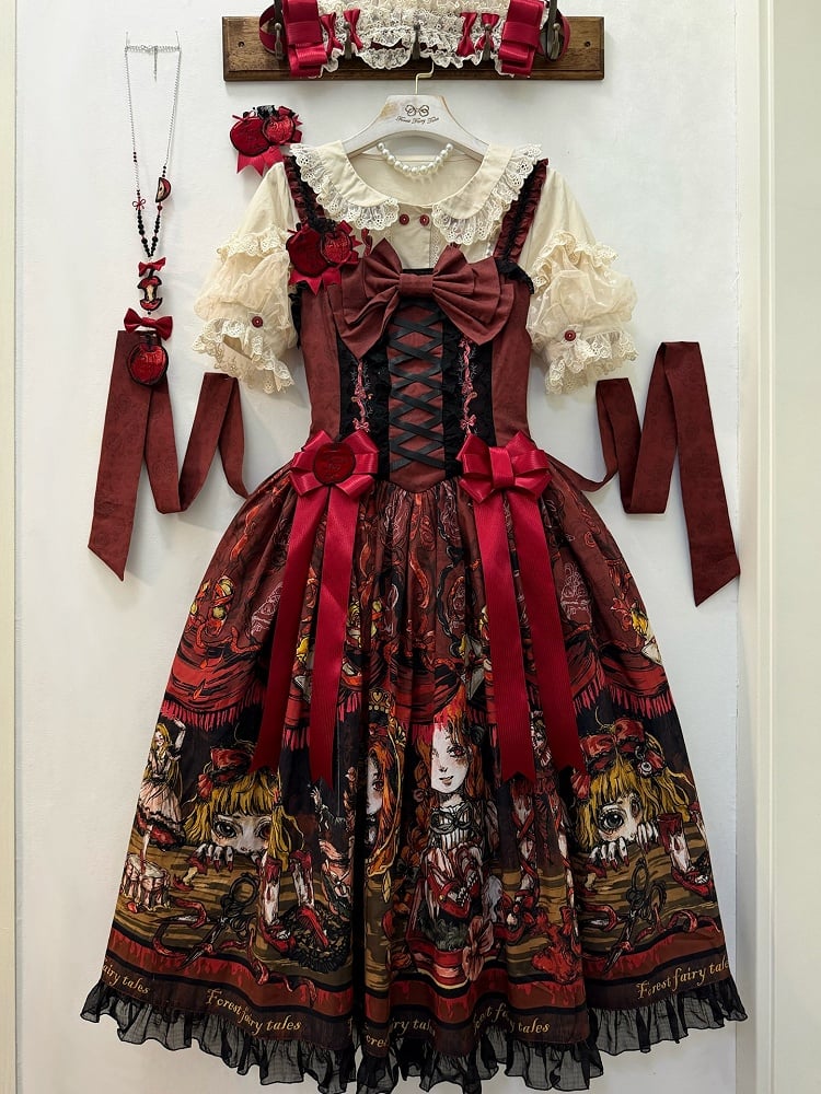 Apple Embroidered Bow JSK Dress with Red Shoes Story Print - Forest Fairy Tales