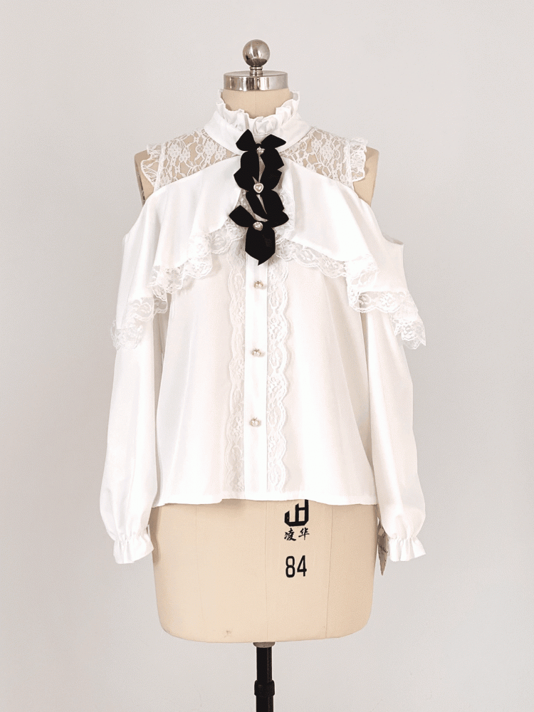 Bow Blouse Jirai with Neckline Shoulder Black/White Kei Illusion Cut-Out Decor