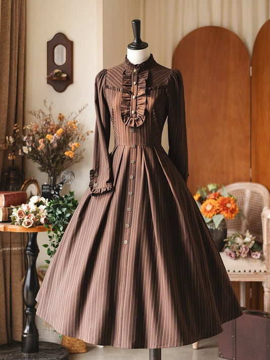 Dress Striped Decor Vintage Ruffle Brown Buttons Sleeves Accents Long with