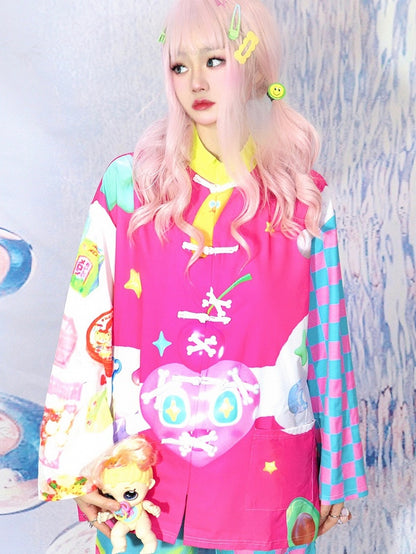 Bone Star 6 Shirt Print Y2K Checked Pattern And Colorful Heart