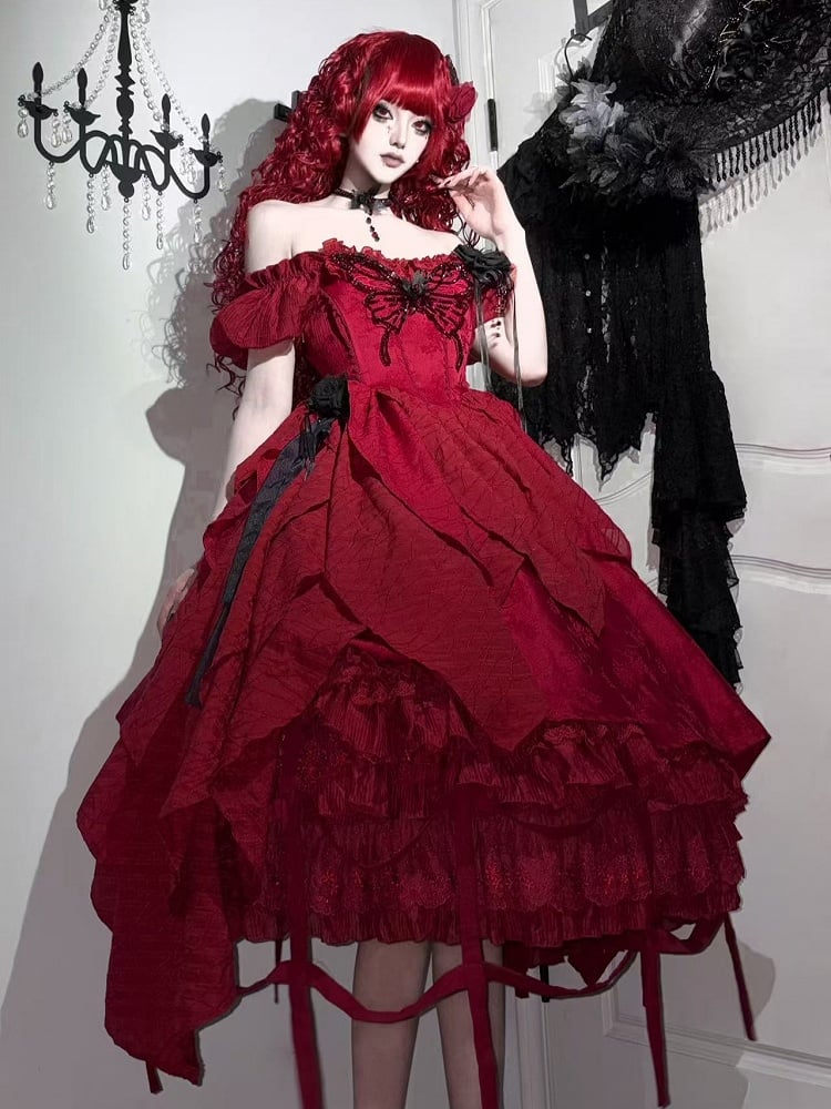 Crimson Ruffled Lolita Skirt with Delicate Lace Accents - Sweet Wood Lolita