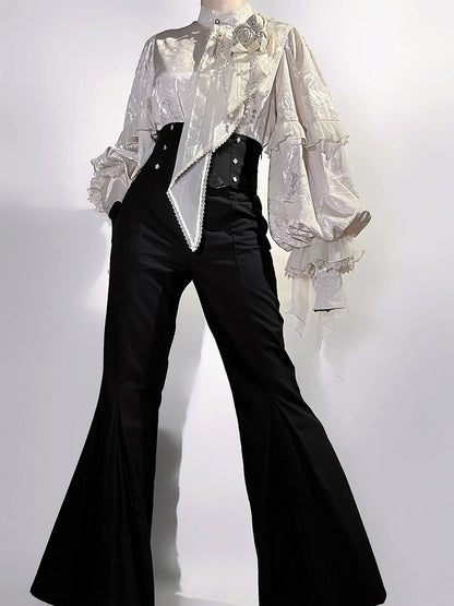 Beige Long Sleeves Jacquard Ouji Style Shirt with Rose and Bead Chains + Black High Waisted Flared Pants Set - Unknown Star