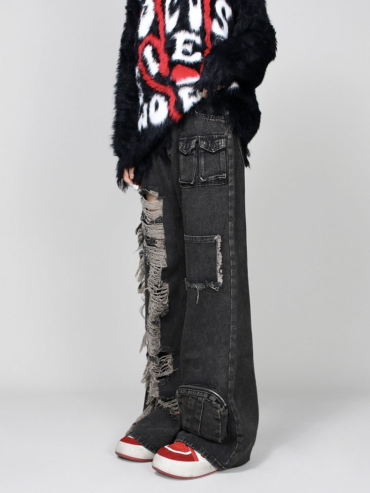 Black Faded Wash Distressed Multi-Pockets Jeans with Raw Hem
