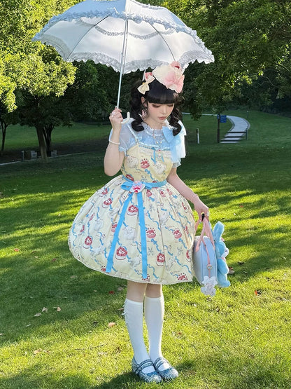 Süßes Lolita-Kleid, süßer Showa-Pullover, gelber Kitty-Creme-Print-Rock, flauschig