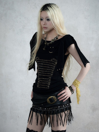 Black Knit Short-Sleeve Top with Rhinestone Design - NO ROMANCE