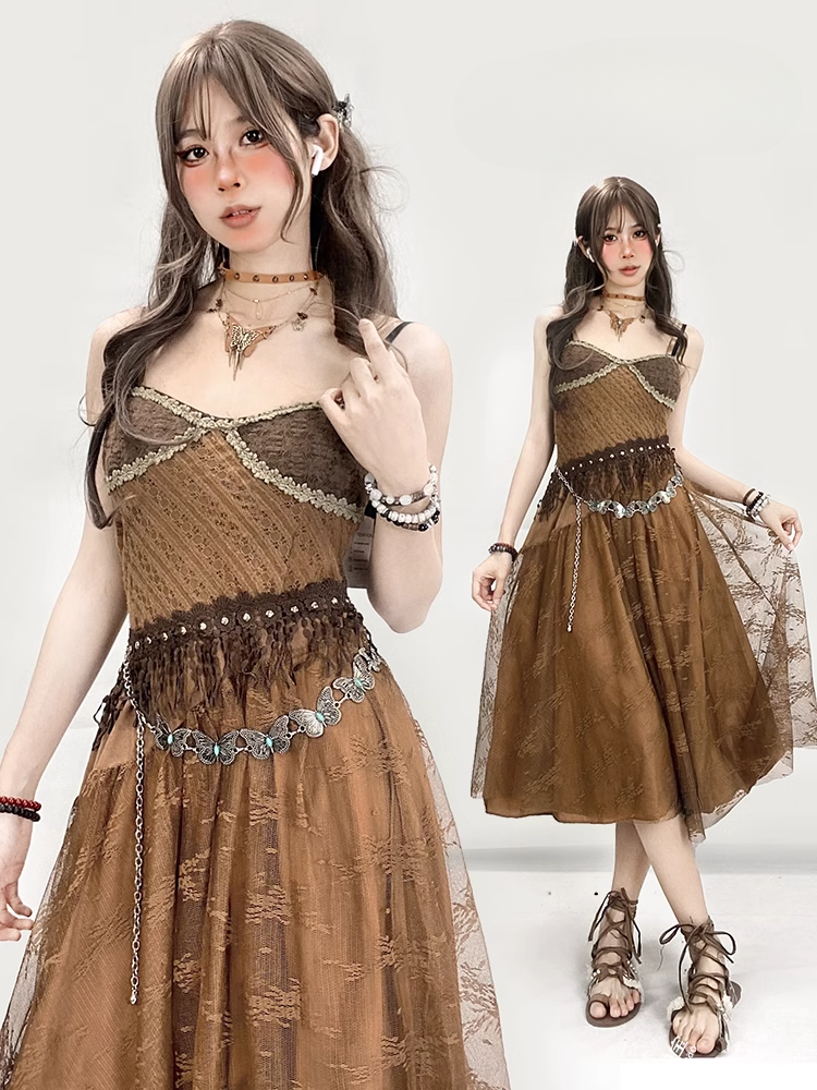 Millard Fashion Wasteland Punk Vintage Brown V-neck Floral Trim Glamorous Cami Dress With Overlay