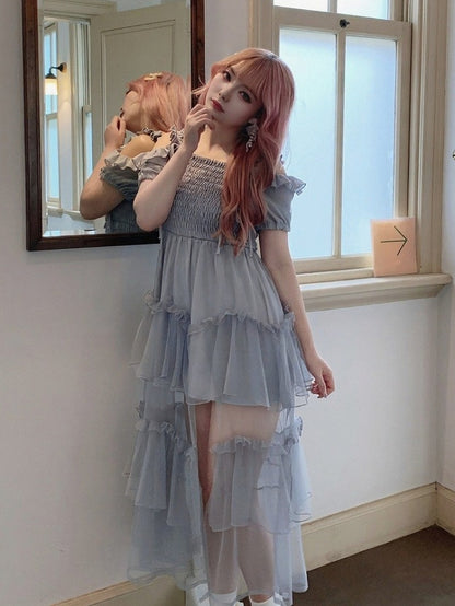 Dusty Blue Puff-Sleeve Dress with Tiered Tulle Hem - Smyster