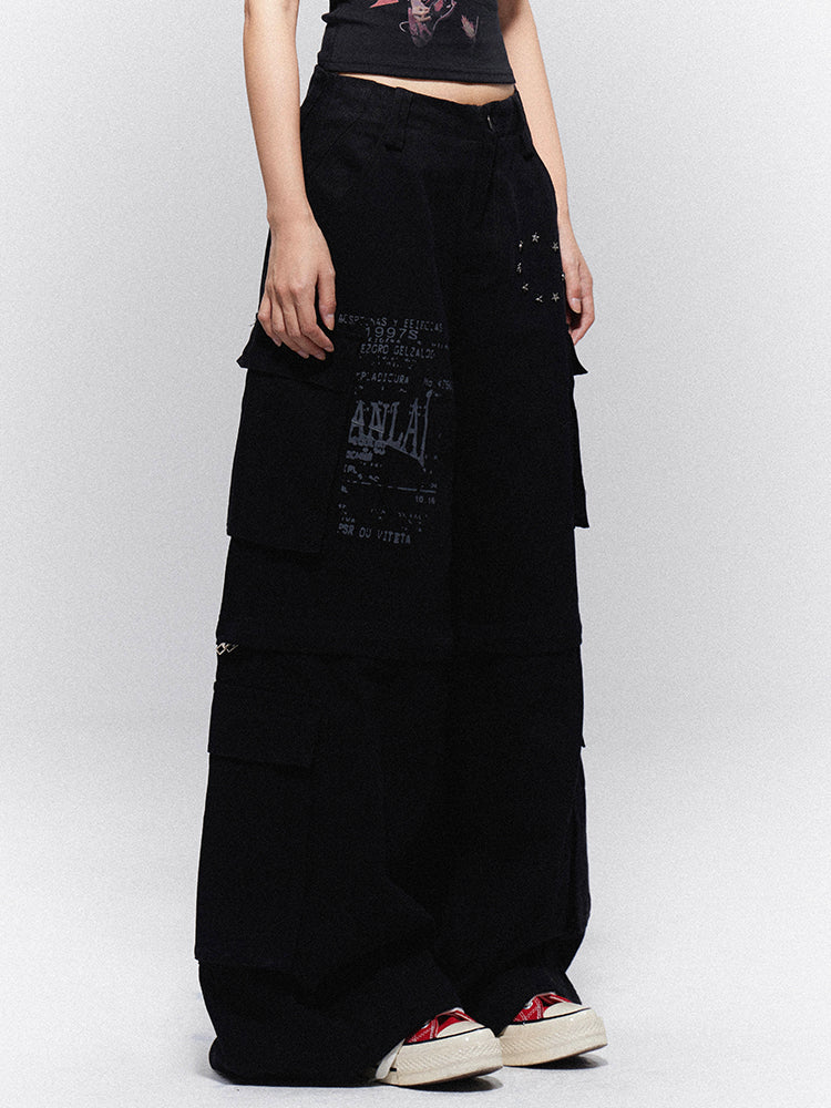 Cargo Vintage + Wide-Leg with Text Print Star Black Pants