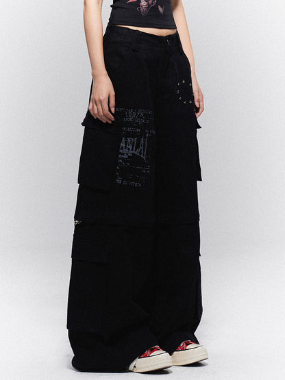 Cargo Vintage + Wide-Leg with Text Print Star Black Pants