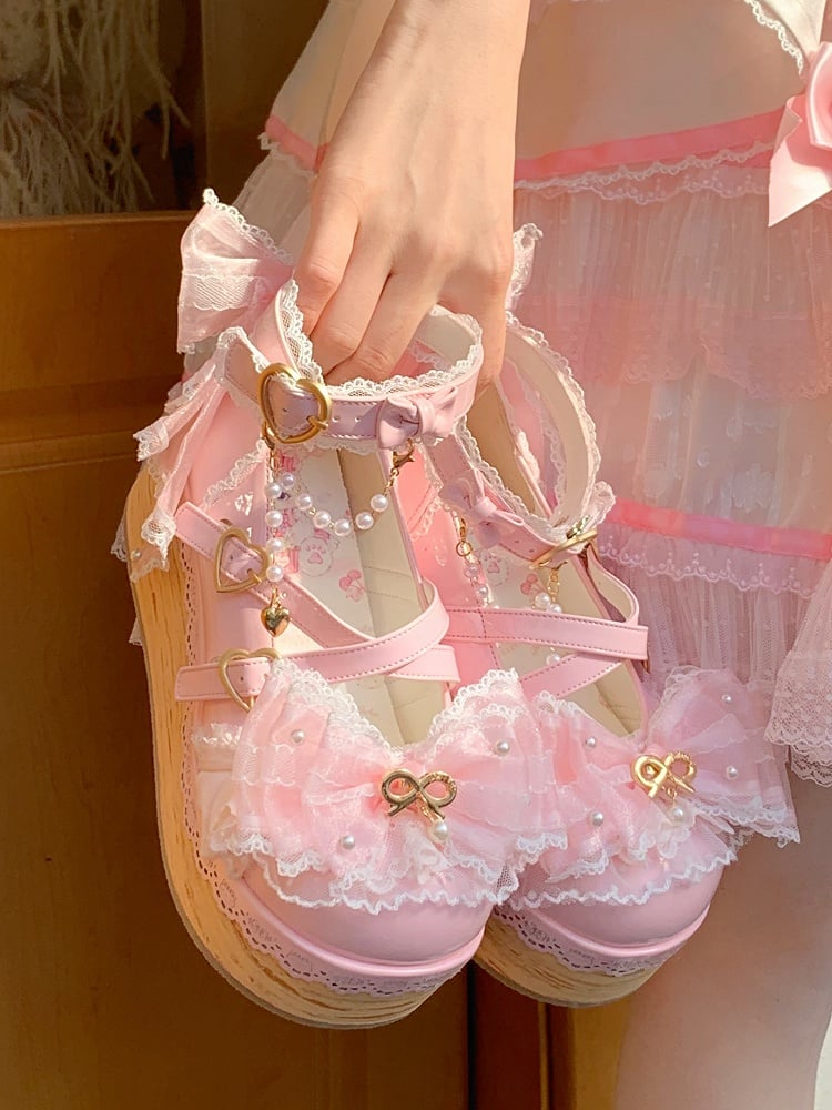 Sakura Pink Removable Bow Train and Bead Chain Hanayome Lolita Platform Shoes