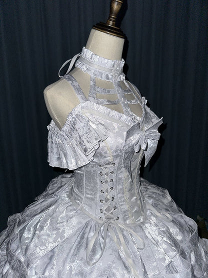 mit Schnürung, Ovarlay, Gothic-Korsettkleid, abnehmbares Design und Rock, silberne Schleife, Lolita, große Vogelkäfig-Taille