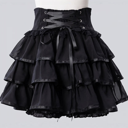 Black Jirai-Kei Ruffle Skirt with Built-In Shorts - Fluffy Heart