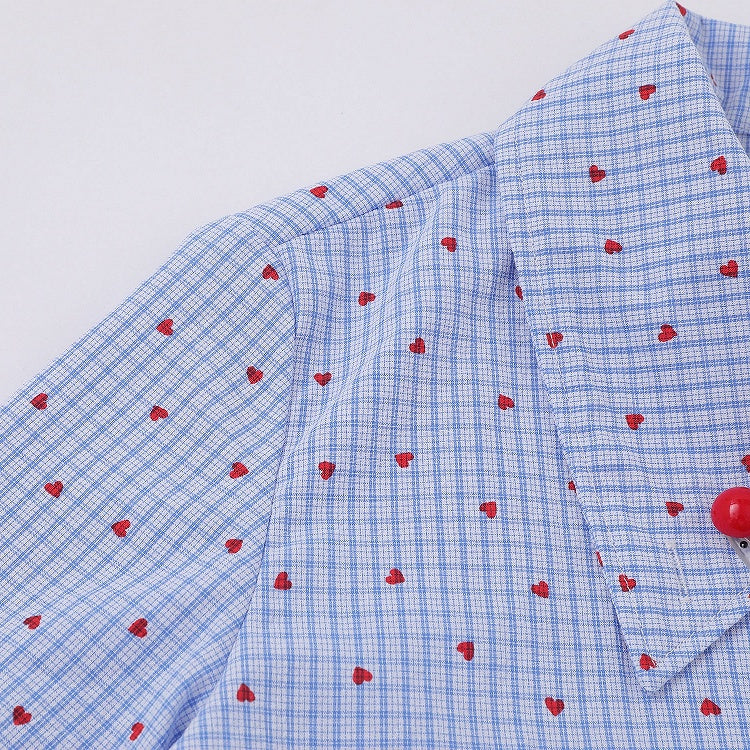 Heart Print Blue Asymmetrical Dolphin Embroidered Shirt - Languid Park