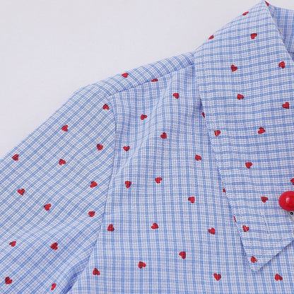 Heart Print Blue Asymmetrical Dolphin Embroidered Shirt - Languid Park