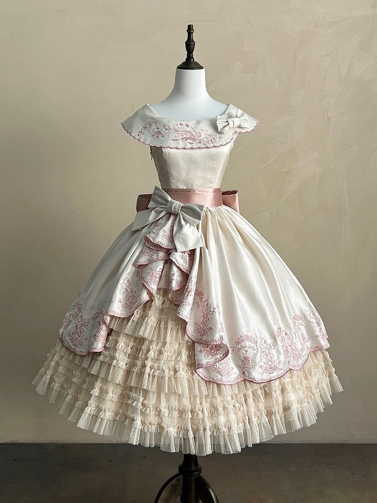 the Pink Lolita Embroidery Beige Classic with Elegant Valley of Lily Dress