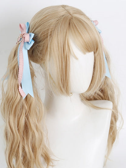 Pink of Hairclips Charm Pair A Cute Blue Bowknot Heart with Ribbon Lolita
