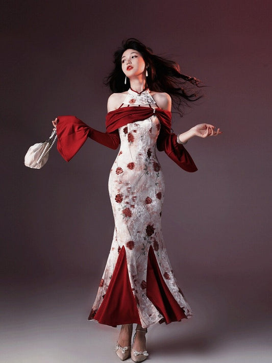 Elegant Long Fish Tail Dress with Rose Print & Cutout Shoulder - sijinstudio