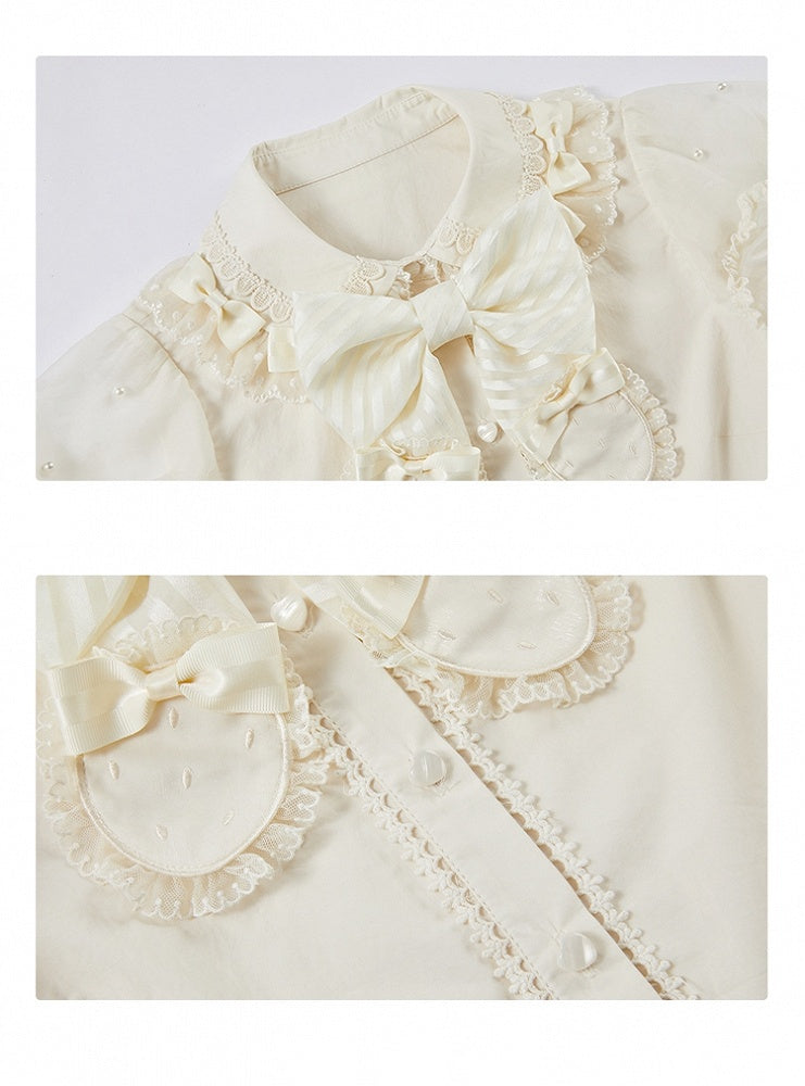 ベージュの取り外し可能な蝶結びネックラインビーズショートパフスリーブブラウス