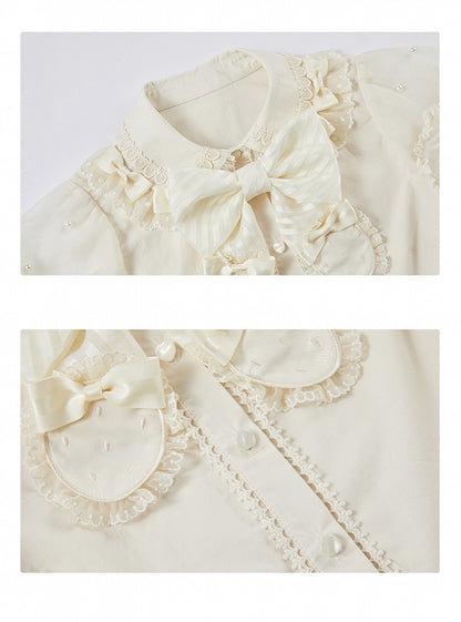 ベージュの取り外し可能な蝶結びネックラインビーズショートパフスリーブブラウス