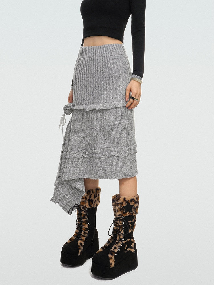 Asymmetrical Grey A-Line Knit Skirt with Rose Ribbon Detail