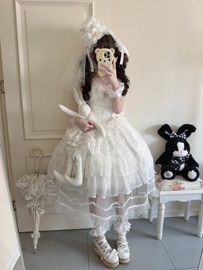 Multi-Layer JSK + Lace Dress Bows Details White / Pure Hanayome-Style Full Overlay Rhinestone Lolita with Set