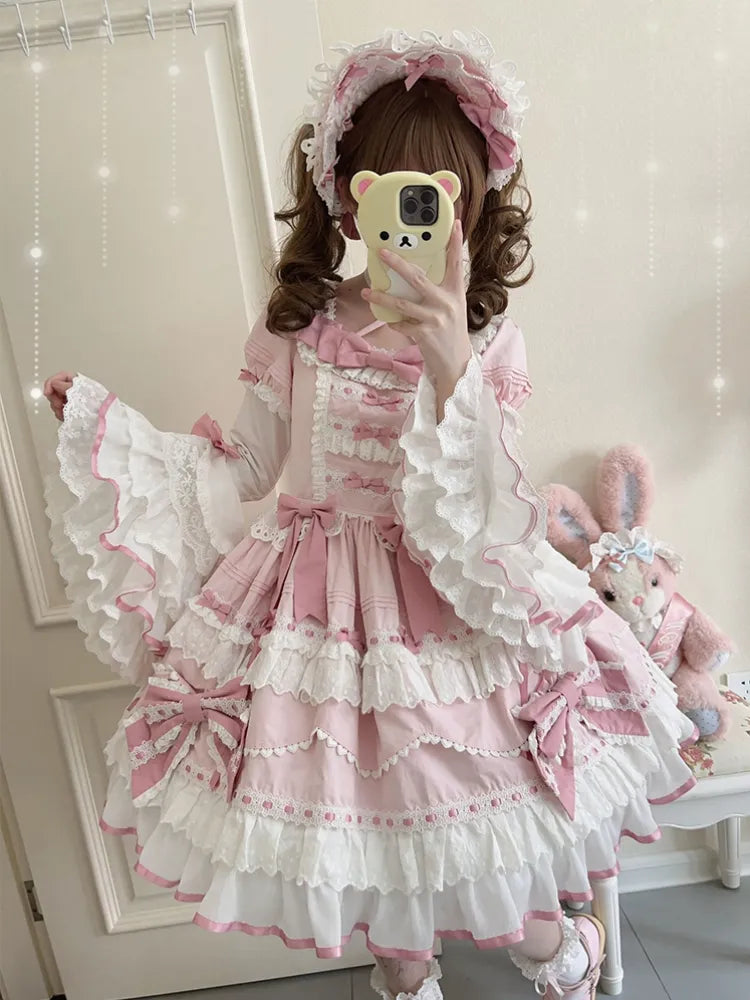 One Pink White and Bell Dress Piece Layered Lolita Sleeves School Long Old
