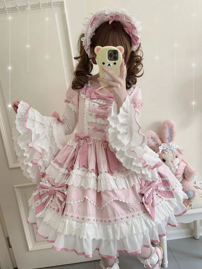 One Pink White and Bell Dress Piece Layered Lolita Sleeves School Long Old