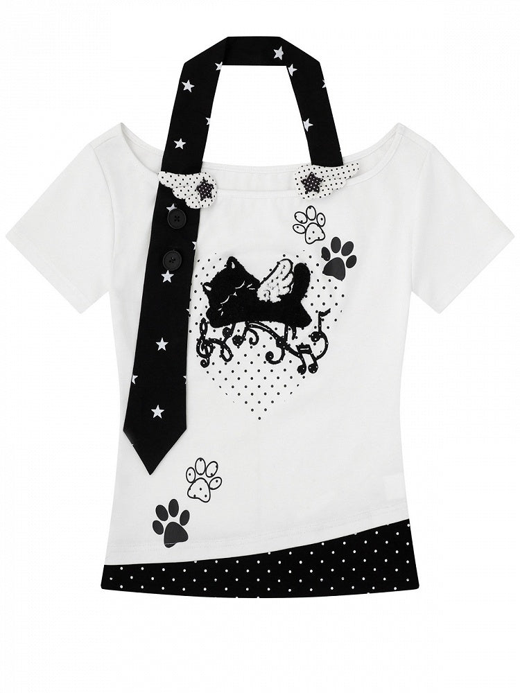 Halter Top with Kitten Embroidery & Polka Dots, White, Short Sleeve - Languid Park