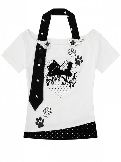 Halter Top with Kitten Embroidery & Polka Dots, White, Short Sleeve - Languid Park