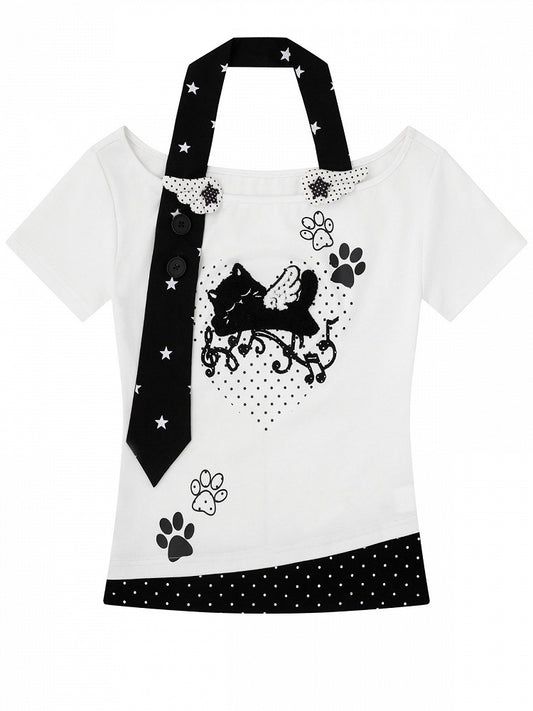 Halter Top with Kitten Embroidery & Polka Dots, White, Short Sleeve - Languid Park