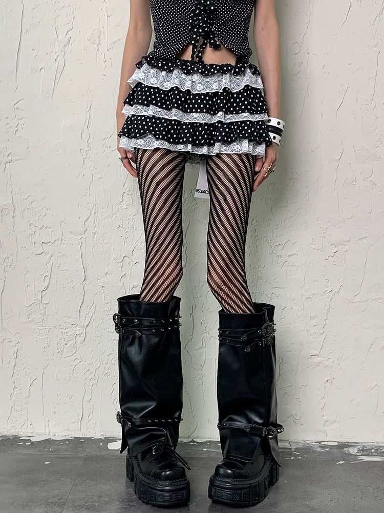 Striped Black Fishnet Pattern Fashion Gyaru Tights Y2K