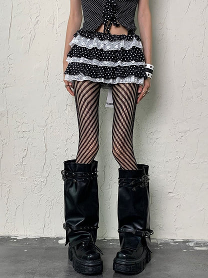 Striped Black Fishnet Pattern Fashion Gyaru Tights Y2K