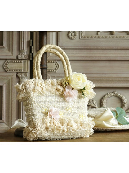 Accents Lace-Trimmed Beige/Pink Flower Country Handbag with Woven