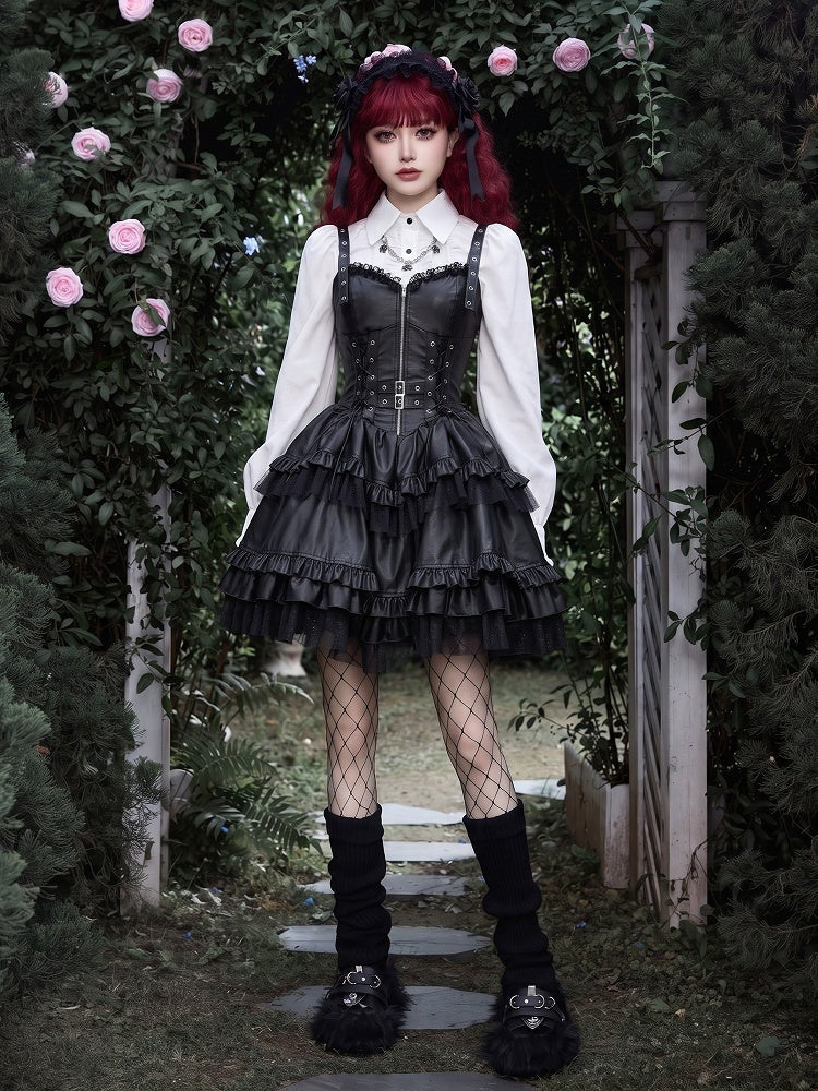 Punk Lolita Strap-Shoulder Dress with Sweetheart Neckline Basque Waist and Shimmering Tulle Hemline - DevilInspired Exclusive Collection