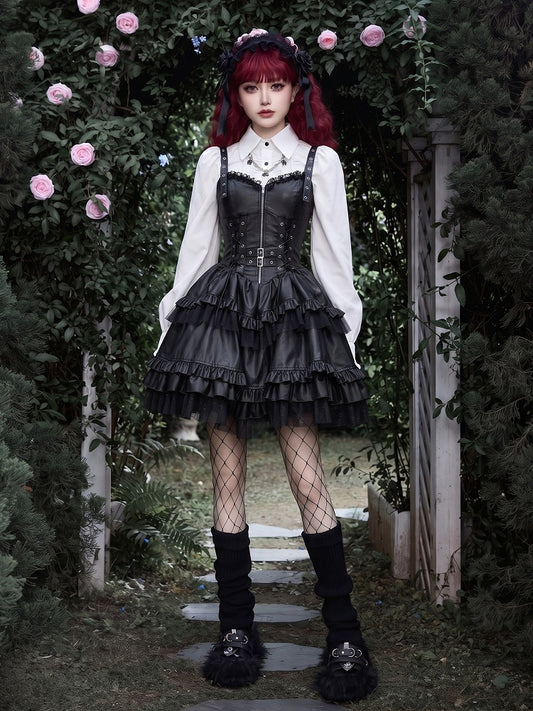 Punk Lolita Strap-Shoulder Dress with Sweetheart Neckline Basque Waist and Shimmering Tulle Hemline - DevilInspired Exclusive Collection