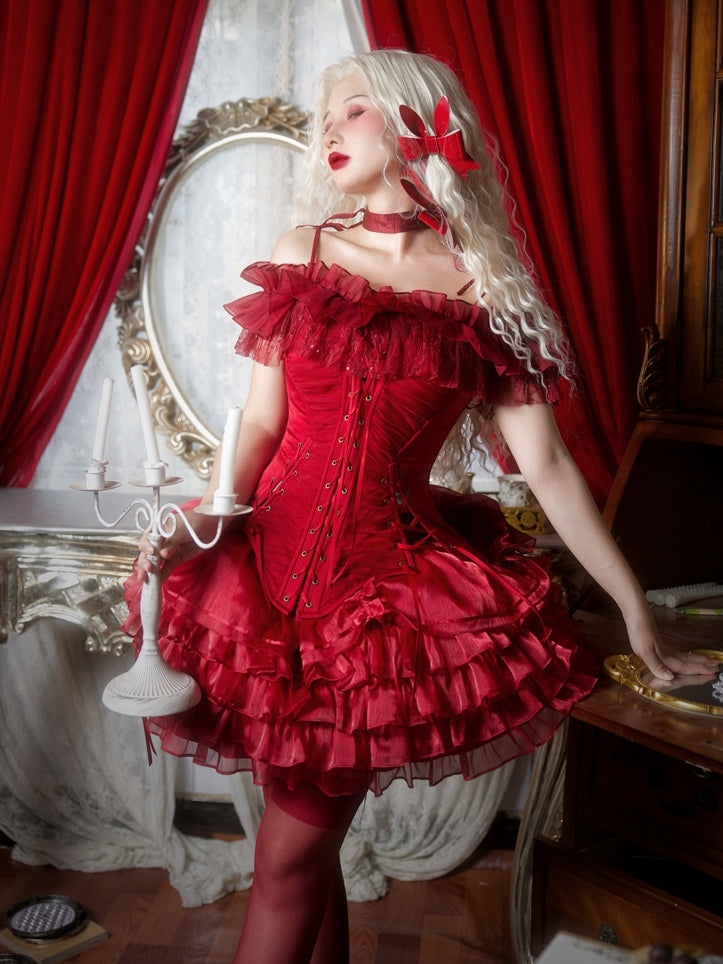 Hem Skirt Lolita Layered Drawstring Gothic Red Ruffle