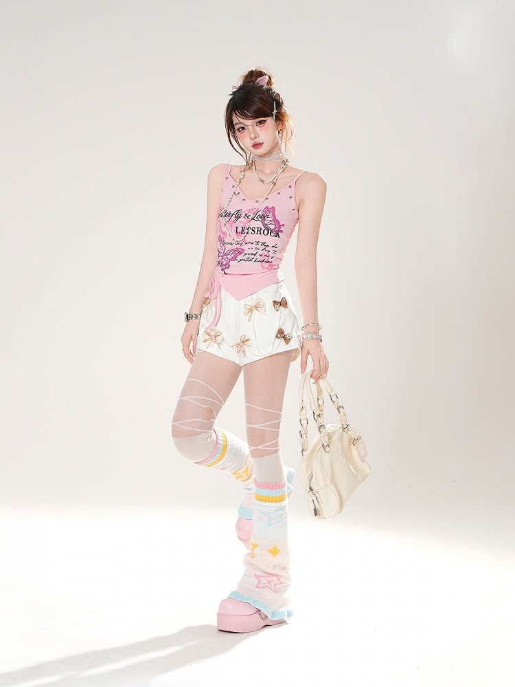 Dark Gray/White/Pink Bowknots Embellished Shorts with Beaded Chains