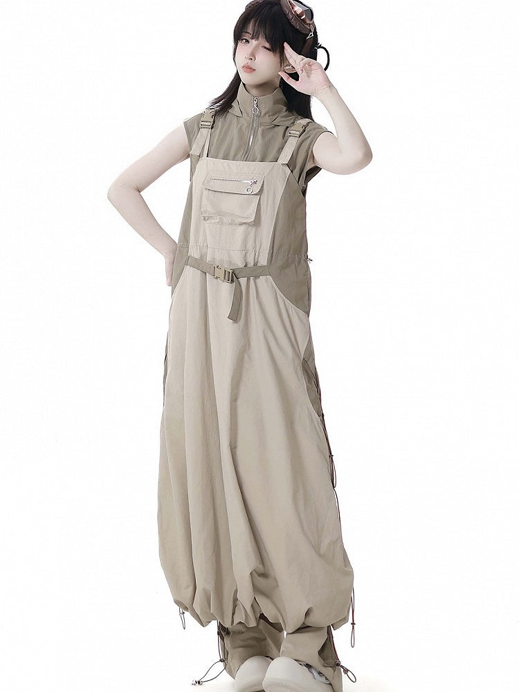 und Techwear-Overall mit Ballonrock-Details, Khaki, Druckknopf-Kordelzug