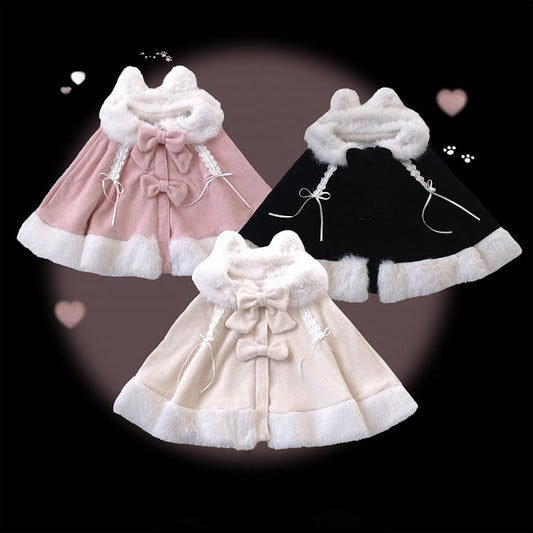 Decor Colors Design Bunny Faux Fur-Trimmed Drawstring Cape Ear with Kei Jirai Bow 3