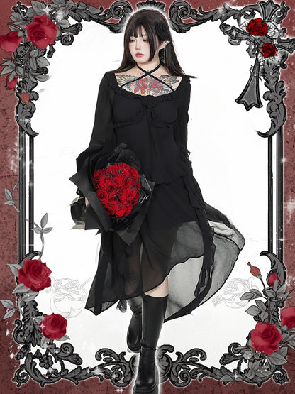 Plus Size Rosette Schwarzes Neckholder-Asymmetrisches Kleid