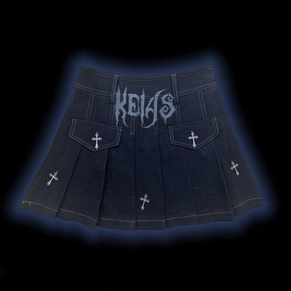 Y2K ダークブルー文字 クロスチャーム パンクロック デニム プリーツスカート