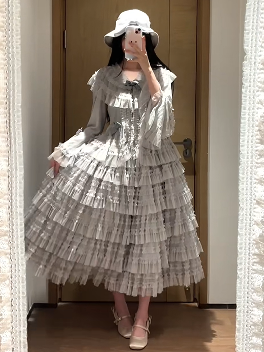 Elegant Bell Blouse Vest Belt Dotted + Sleeves Mesh Lolita Multi-layered Cotton Set Classic Waist - Skirt Tulle Gray