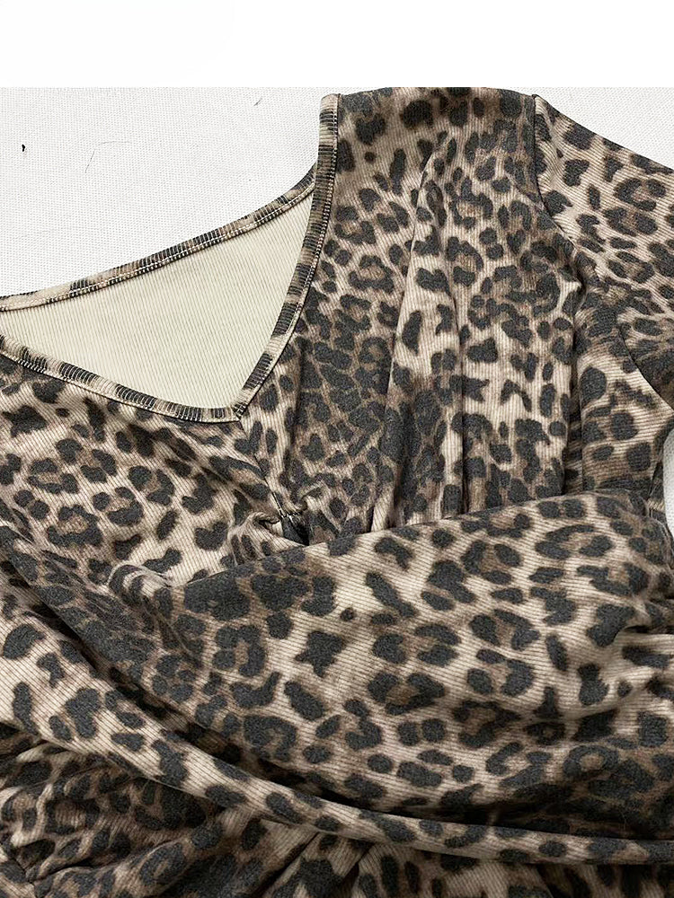 Y2Kギャルコーヒーレオパード柄オフショルダーネックラインヴィンテージグラマラストップス（スカーフ付き）