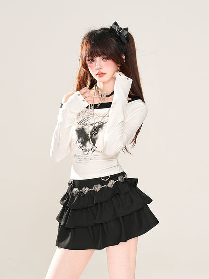 Grafisches Top Enigmatic Night Butterfly Schwarz/Weiß Asymmetrischer Ausschnitt Schnallenträger Glamourös