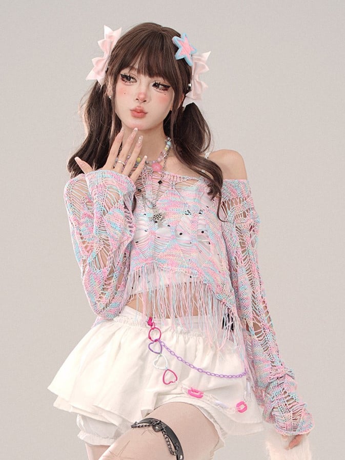 Colerful Hollow-Out Knit Top with Distress Trim One-Shoulder